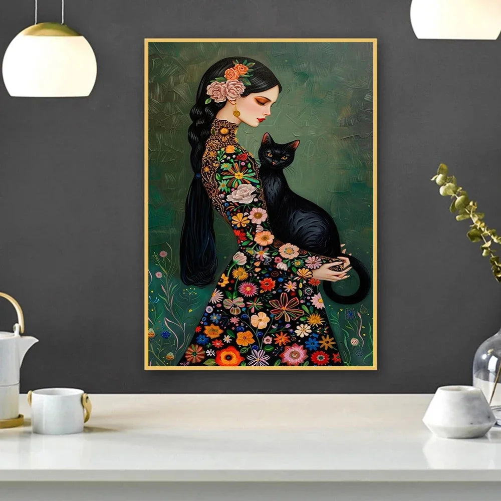 Abstract Woman And Cat Canvas Painting Wall Art Gustav Klimt Art Elegant Girl Poster Prints For Office Living Room Home