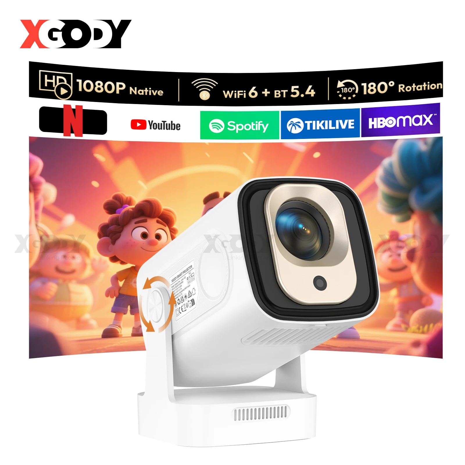 XGODY Gimbal5 PRO 4K HD 12000LMS Smart Projector Keystone Correction Native 1080p Dual WiFi Bluetooth Android Game Home