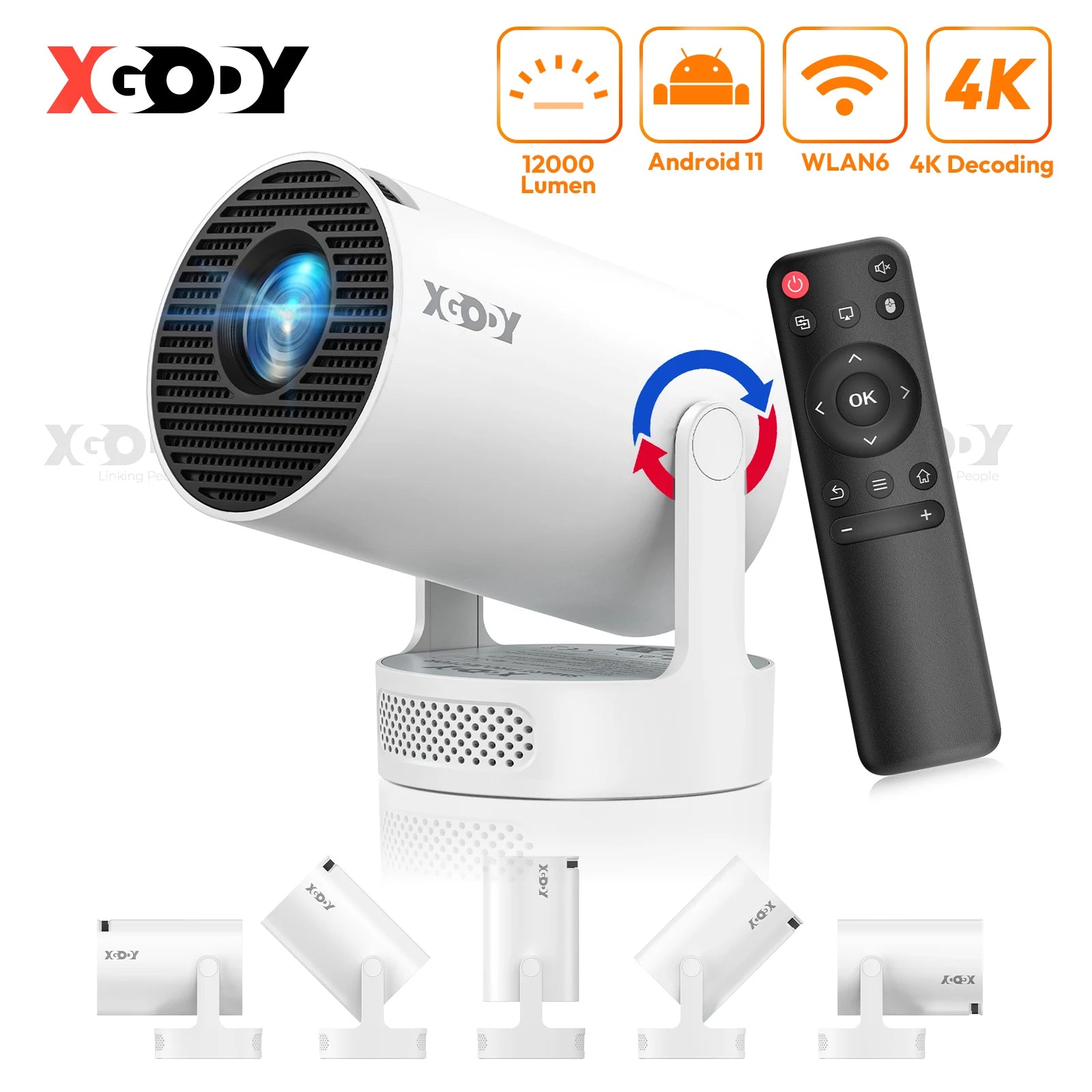 XGODY 4K HY300 Pro+ Projector Built-in 5W Speaker 1280*720P Android 11 12000 Lumens Wifi6 BT5.4 Portable Outdoor