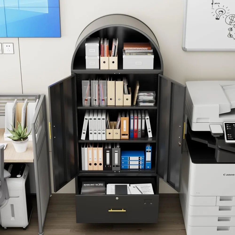 Lateral File Cabinet 73’’ Black Filing Storage Cabinet with 1 Lockable Drawer Metal Arched Cabinets with Doors Arched