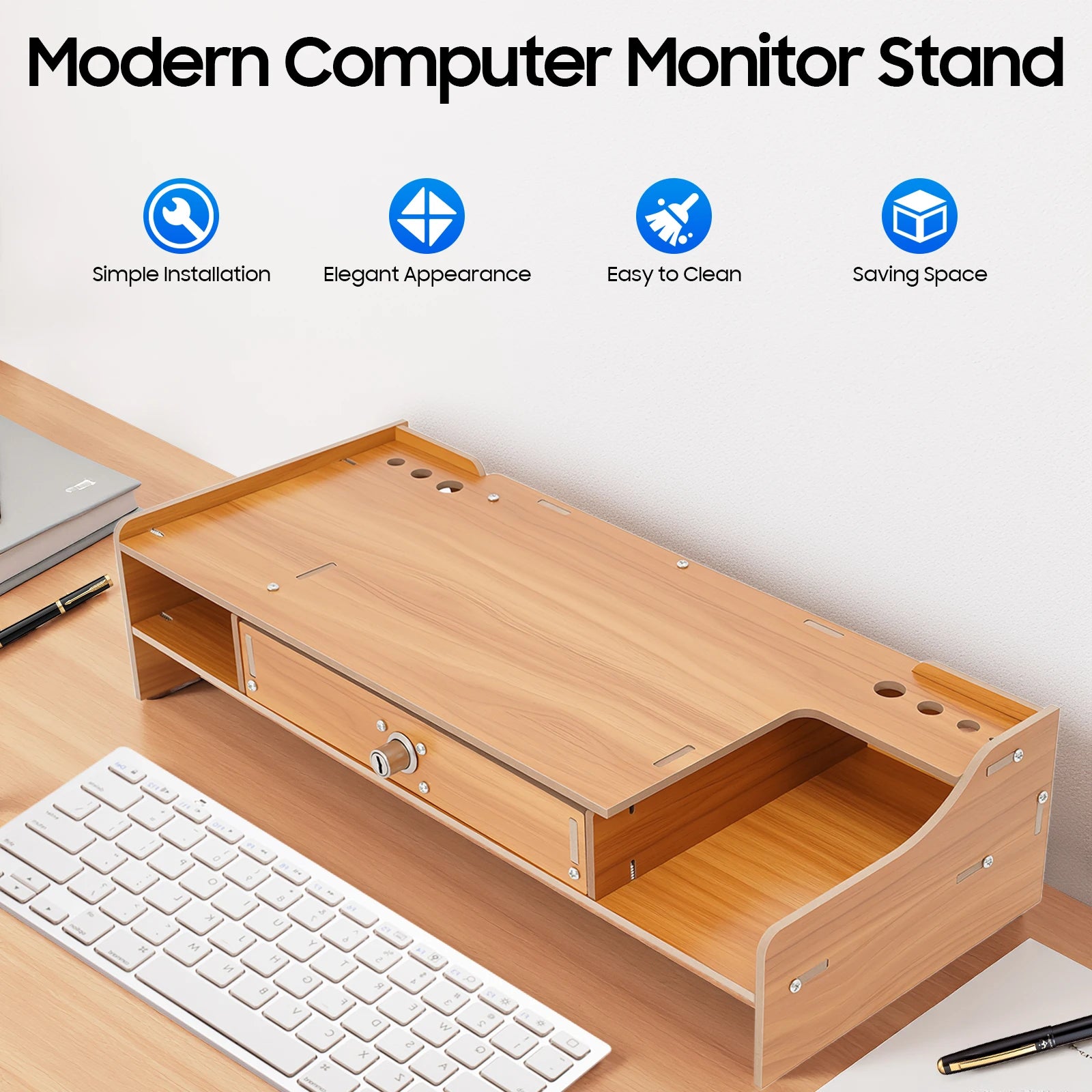 Computer Monitor Stand sZ08 with Lockable Drawer Modern Style MDF Desktop Rack Cherry Wood Veneer sZ08 Monitor Stand