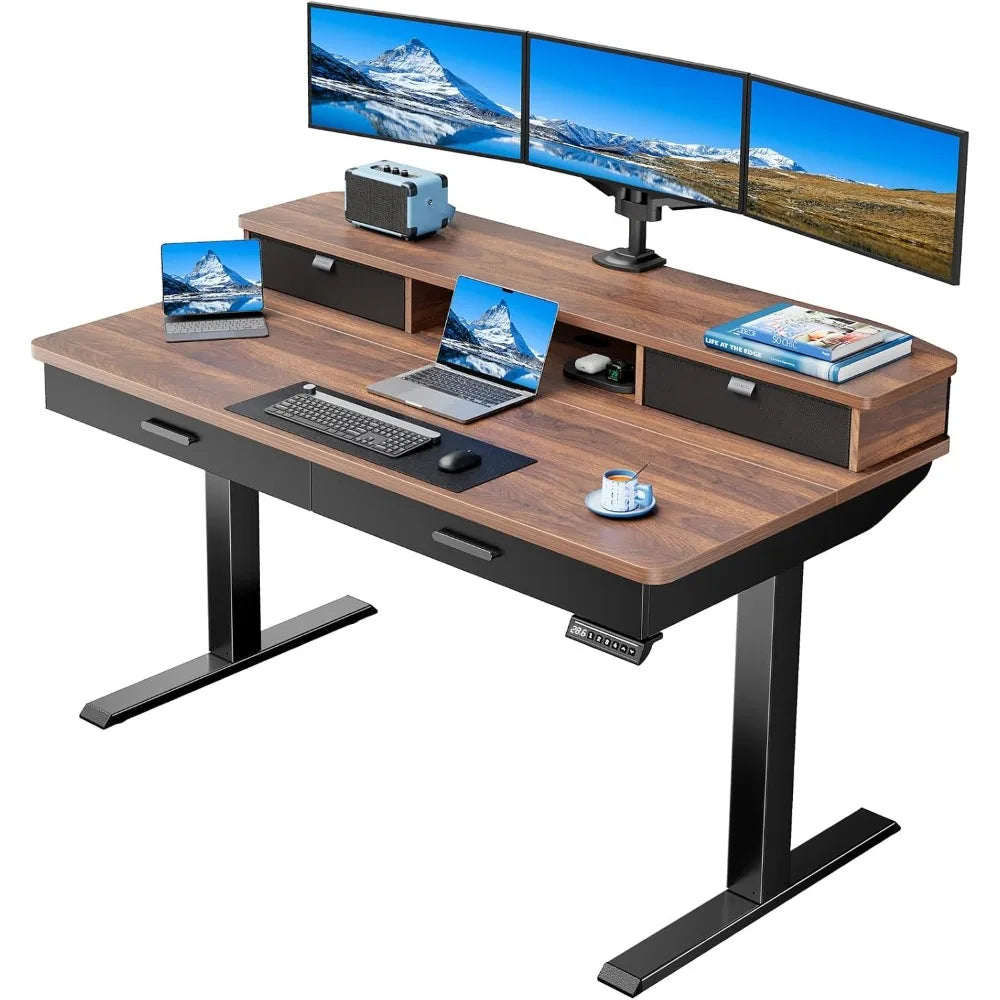 55 x 30 inch Electric Standing Desk with Wood Drawers Adjustable Height Sit Stand Home Office Desk with Two Tiers Walnut