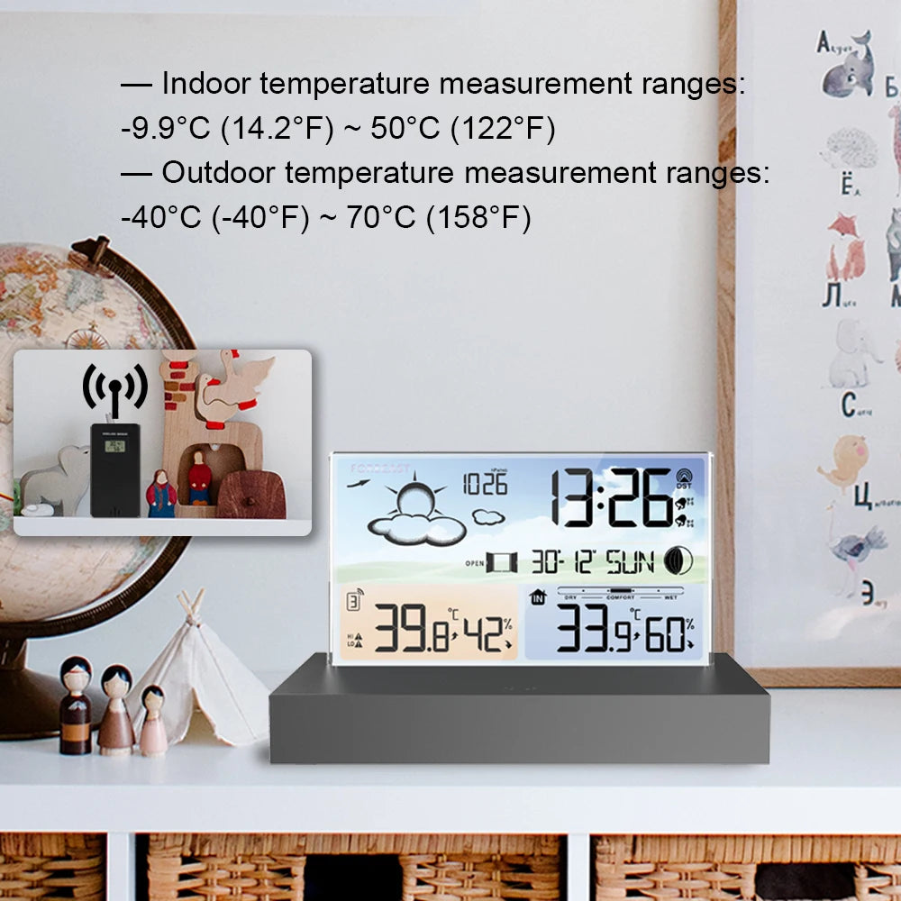 Transparent Glass Weather Clock Wireless Multifunctional Weather forecast Electronic Alarm Clock Black Outdoor Sensors