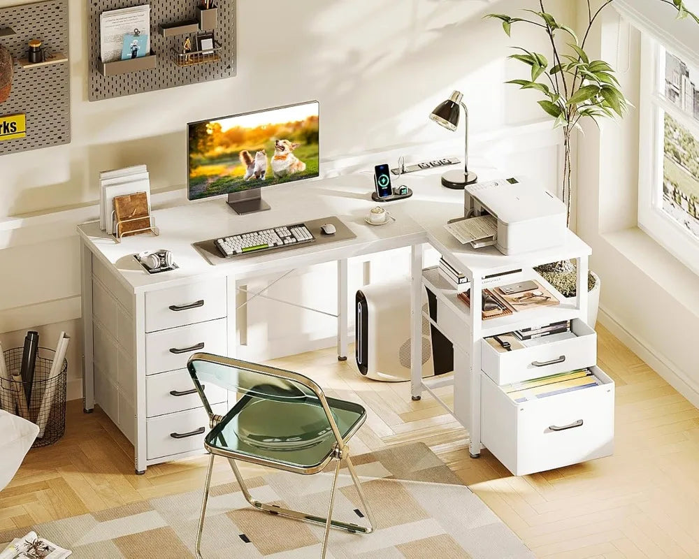 L Shaped Computer Desk with 6 Drawers & Power Outlet 55 Inch Corner Desk with Reversible Storage Shelf & File Drawer