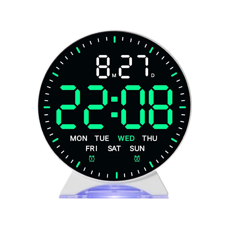 LED Digital Alarm Clock Week Date Second Hand Display Brightness Adjustable 2 Alarms Table Ambient Light 12/24H