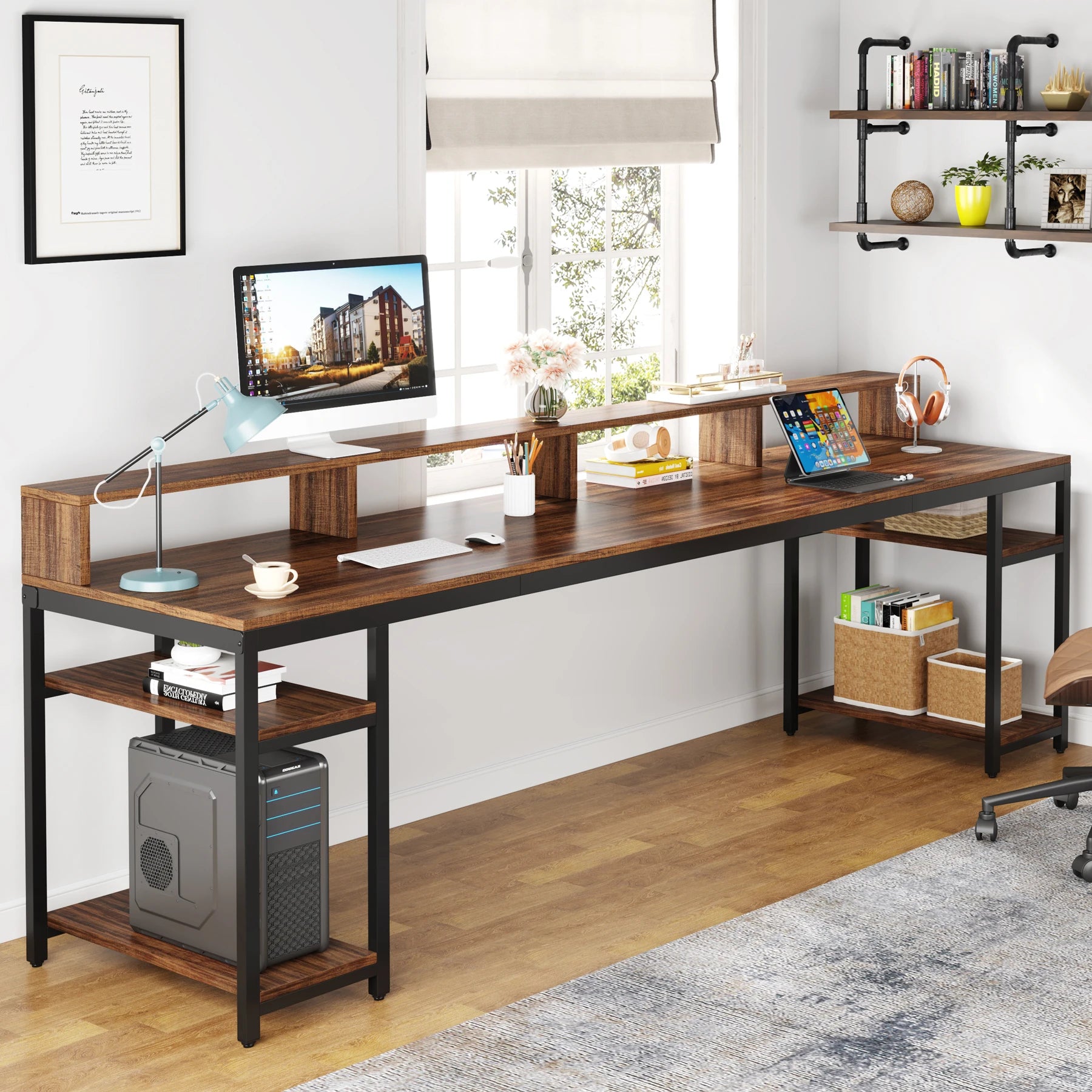 Tribesigns 78.74 Inches Extra Long Two-Person Desk Double Computer Desk with Monitor Stand and Storage Shelves Work