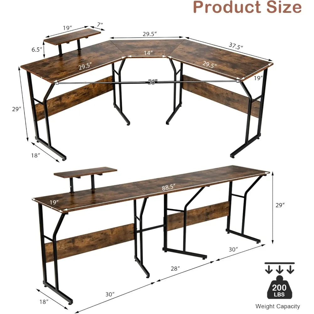 L-Shaped Reversible Computer Desk 2 Person Long Computer Workstation w/Movable Monitor Stand Large Home Office Corner