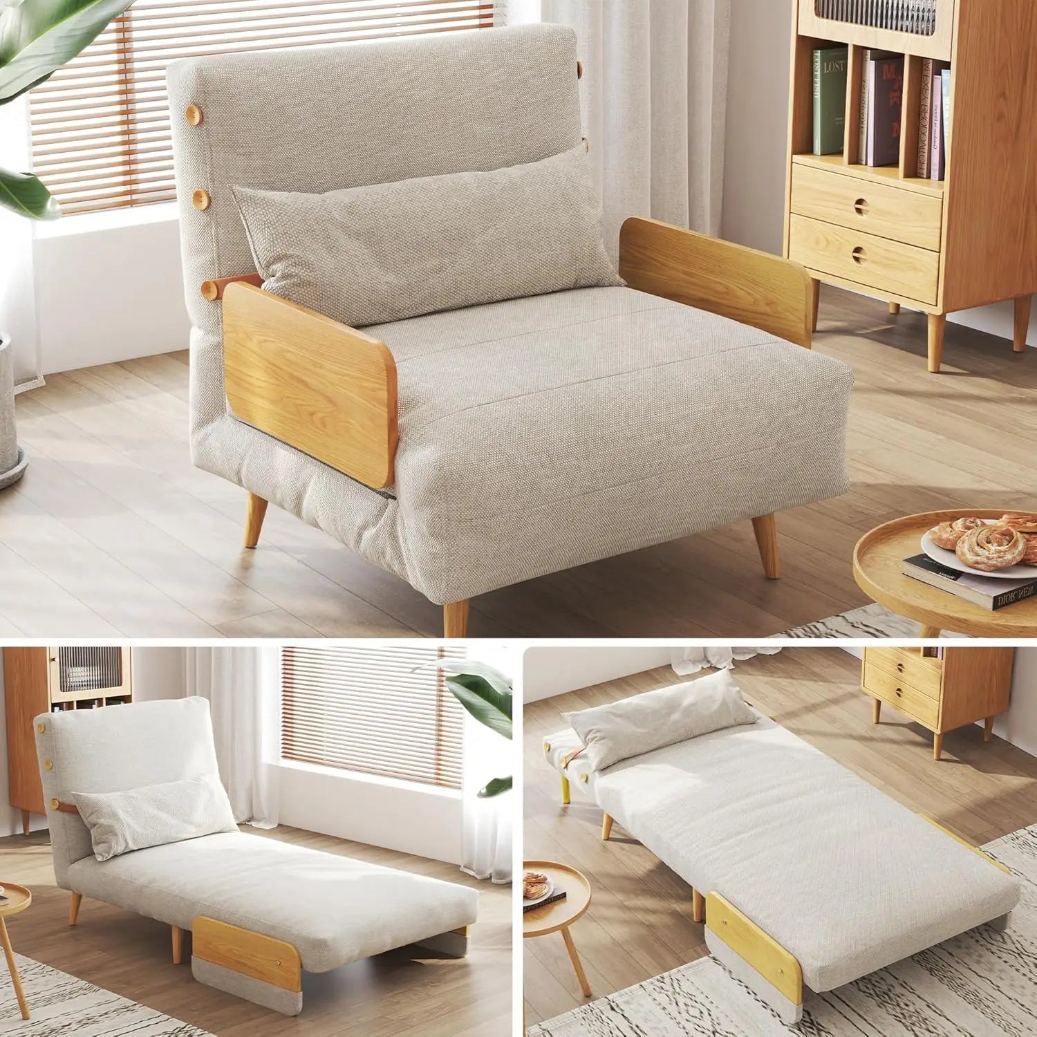 3-in-1 Convertible Chair Bed Sleeper for Adults Linen Convertable Sleeper Chair with Wooden Arms & Pillows Foldable