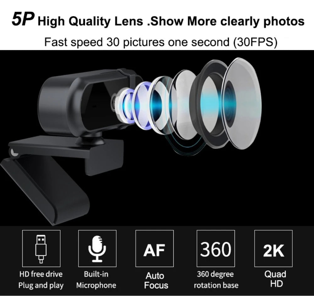 4K 2K Autofoucs Microphone Webcam 30fps Full HD for Gamer Live Video Calling Online Meeting Driver Free USB Plug