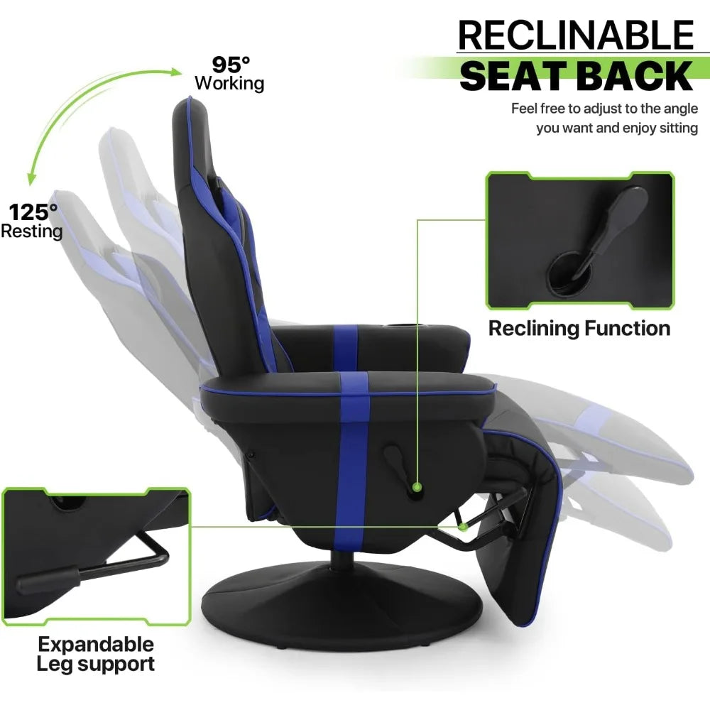 360° Swivel Gaming Recliner Chair Ergonomic PU Leather Reclining Chair with Adjustable Backrest Footrest Cup Holder &