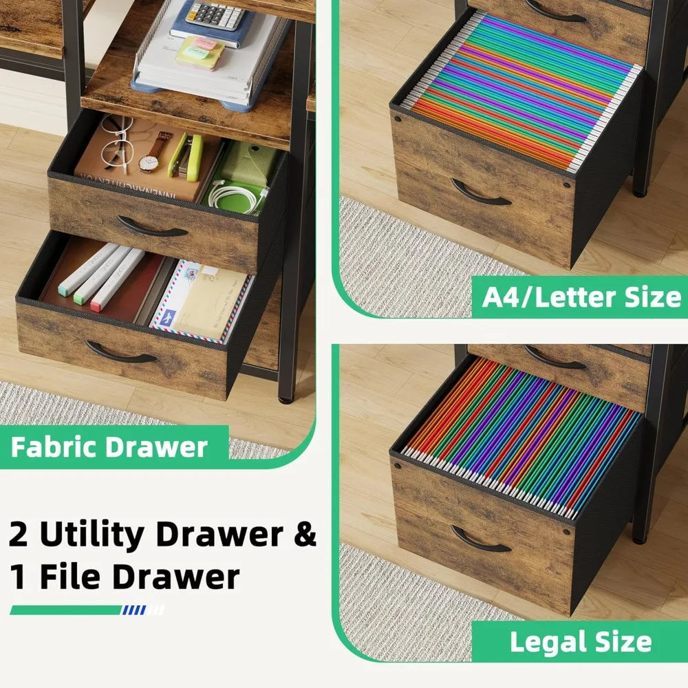 Two Person Desk with Charging Station Long Desk with 3 Fabric Drawers and Printer Shelf Double Computer Desk for 2