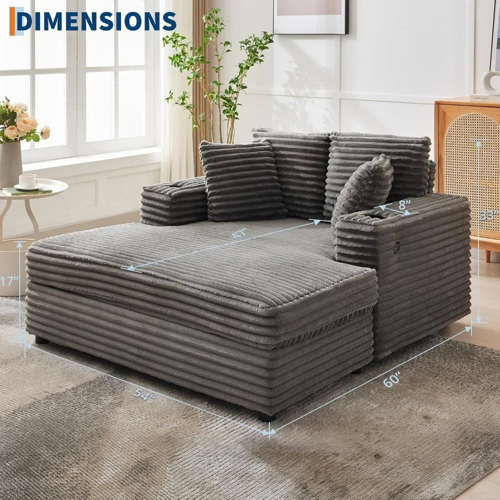 60’’ Oversized Chaise Lounge with Cup Holder Fluffy Chaise Lounges Chair Indoor with USB & Type C Charging Port