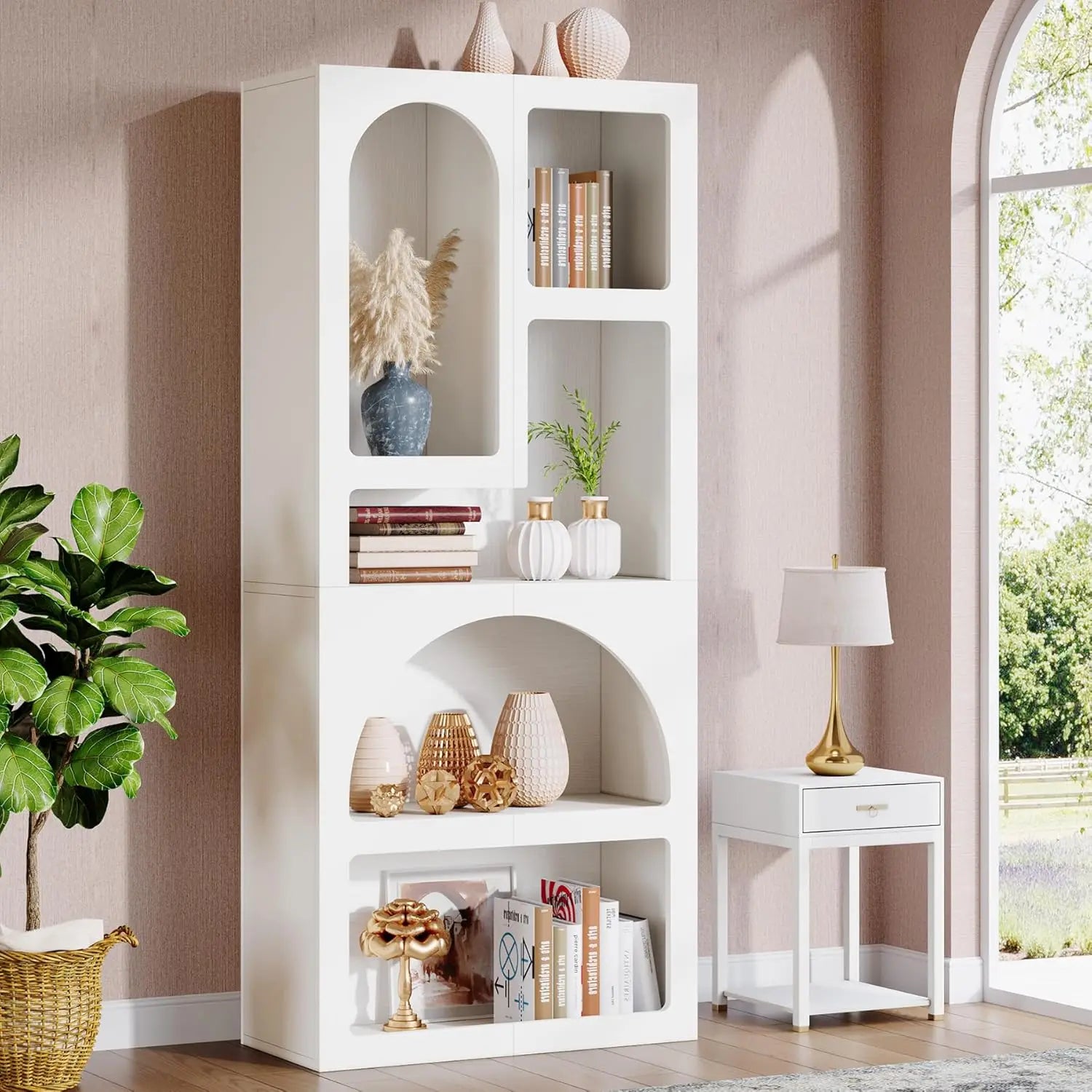 70.87’’ Tall Geometric Bookshelf White Arched Bookcase with 5 Irregular Storage Shelves,Free-Standing for Living Room