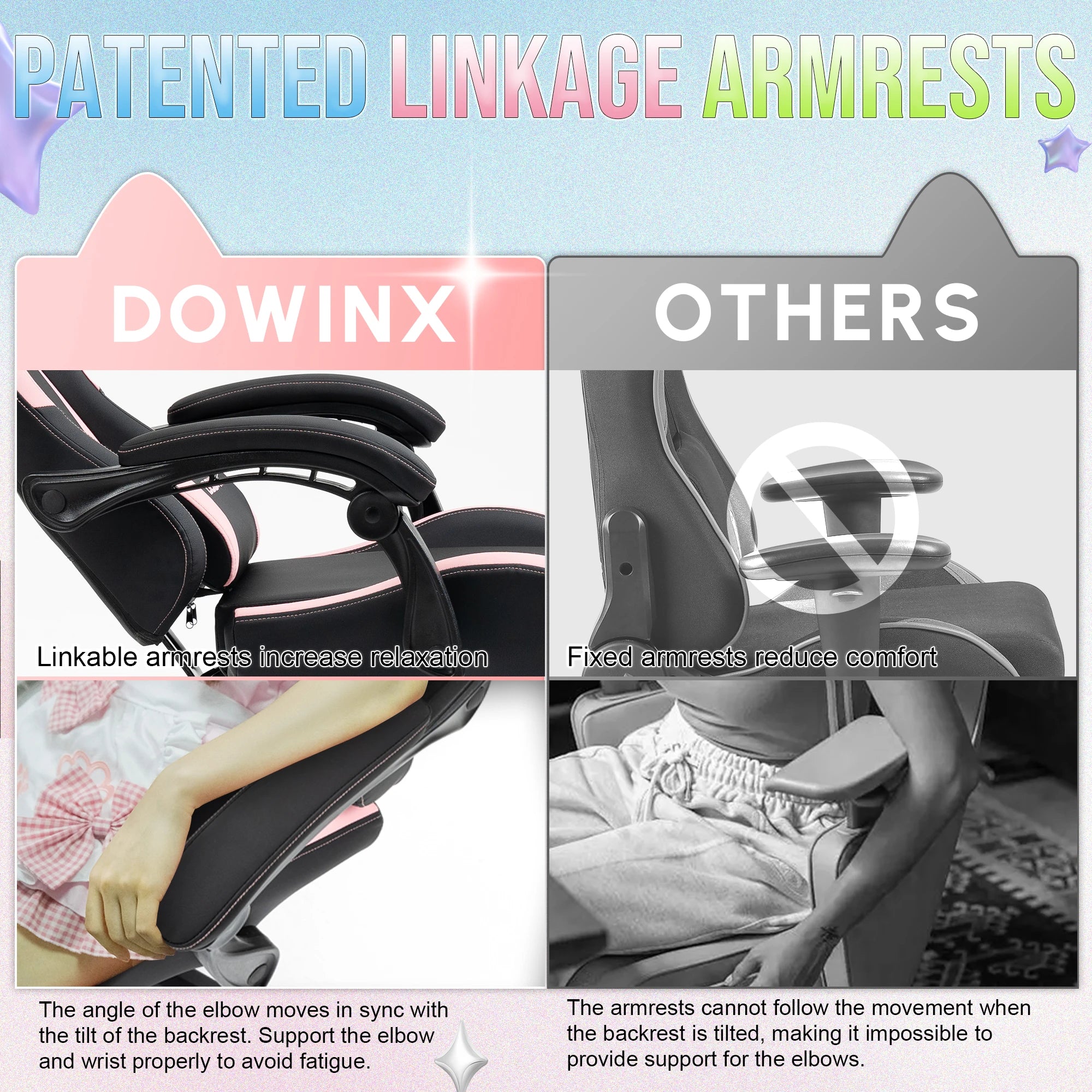 Dowinx Gaming Chair Cute with Cat Ears and Massage Lumbar Support Ergonomic Computer Chair for Girl with Footrest