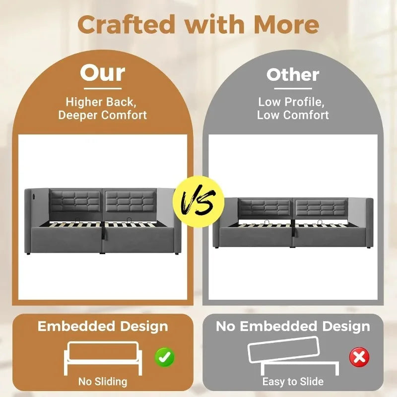 Merax Twin Upholstered Velvet Daybed with Hydraulic Storage USB & Type-C Ports Wooden Slat Support Tufted Sofa Bed