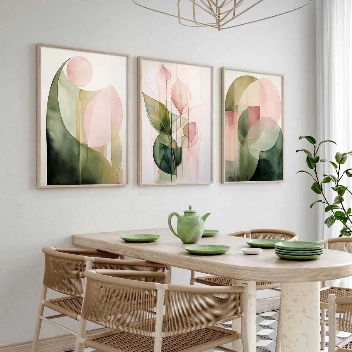 3-Piece Set of Modern Green and Pink Abstract Plant Wall Art Prints Watercolor Painting Prints Plant Canvas Posters