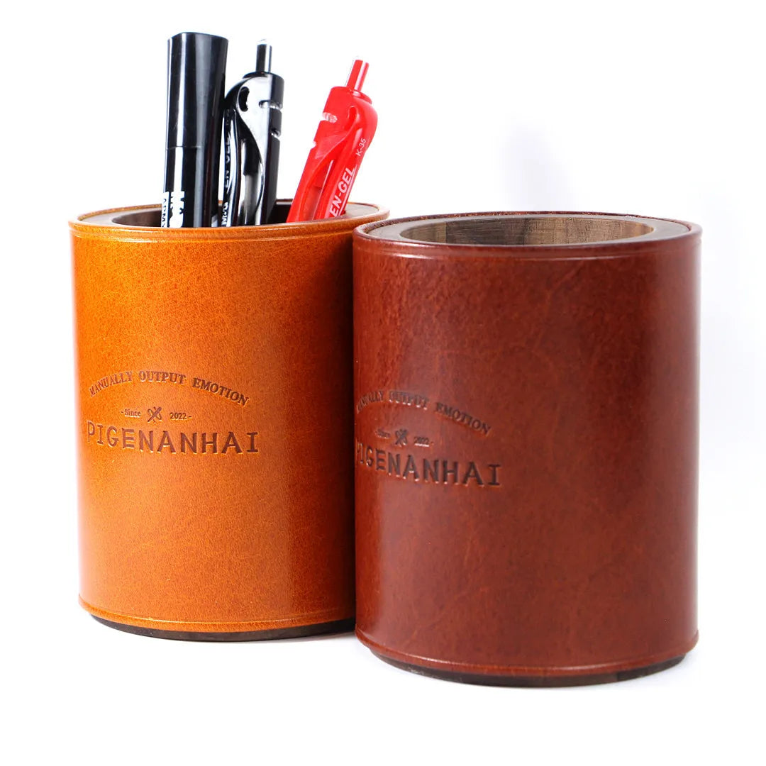 high-end-handmade-genuine-leather-solid-wood-pen-holder-cowhide-office-stationery-storage-pen-holder-desk-organizer-holder