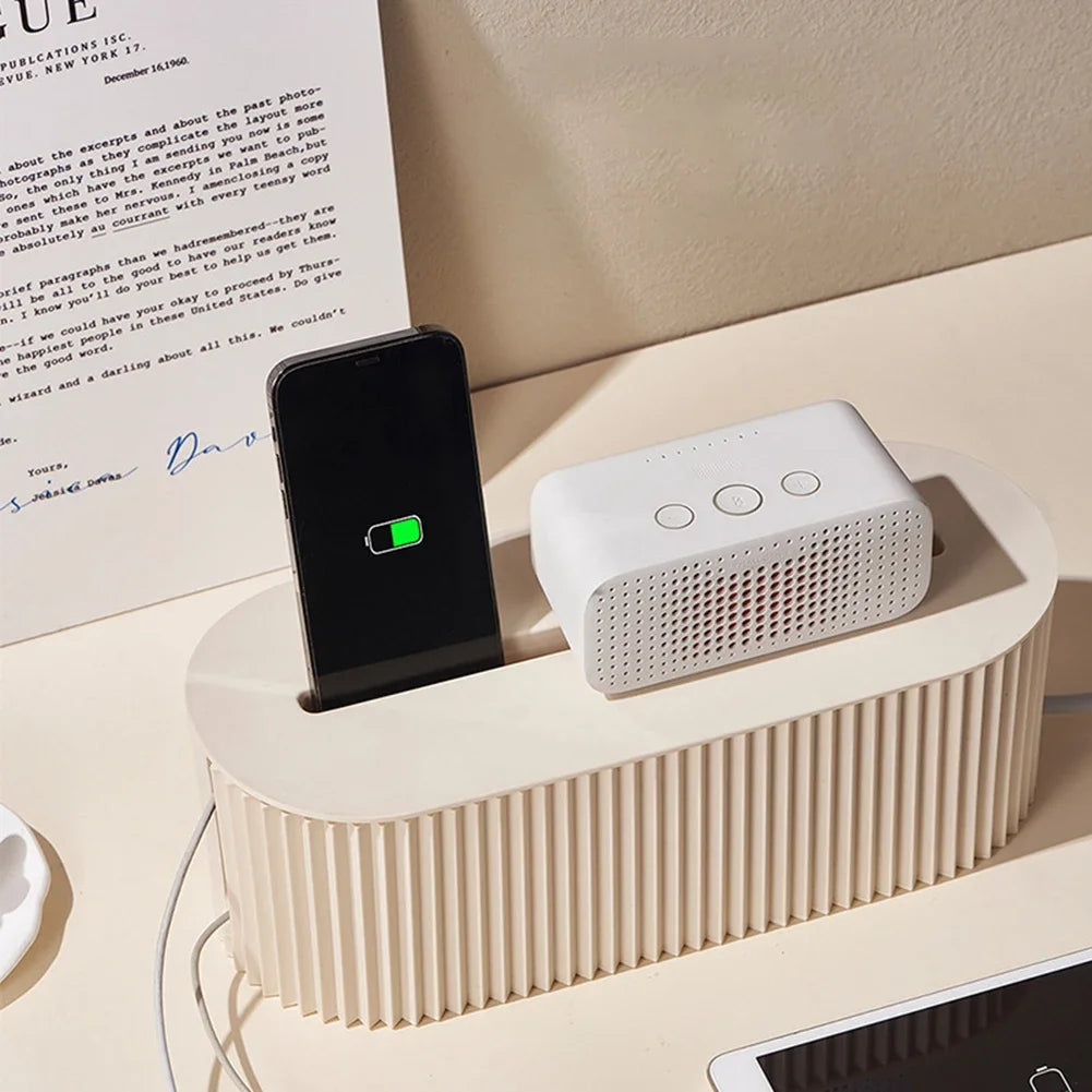 Large Cable Tidy Box Beige Cord Organizer with Lid Stackable Plastic Desk Cable Management for Home Office