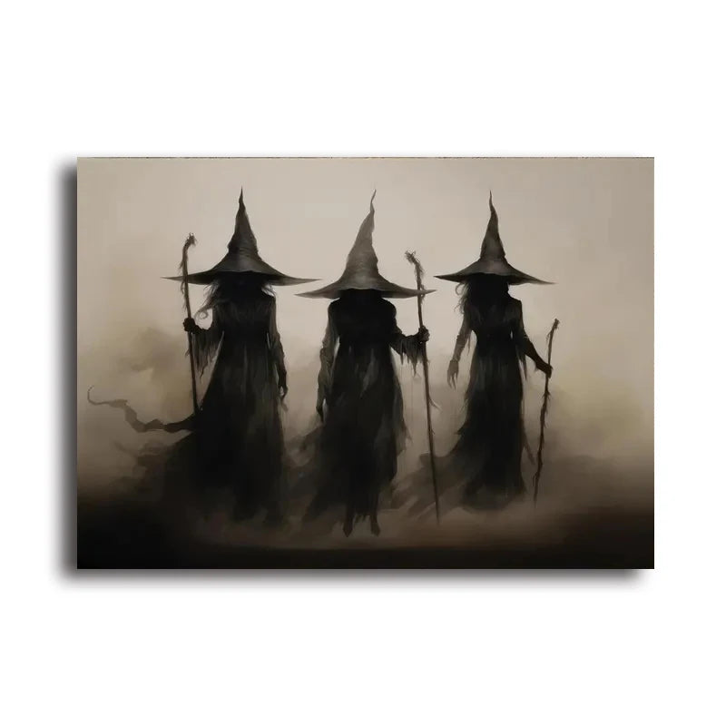 Abstract Retro Witch Halloween Canvas Prints Witchcraft Cartoon Cosplay Wall Art Poster for Family Bedroom Office Decor