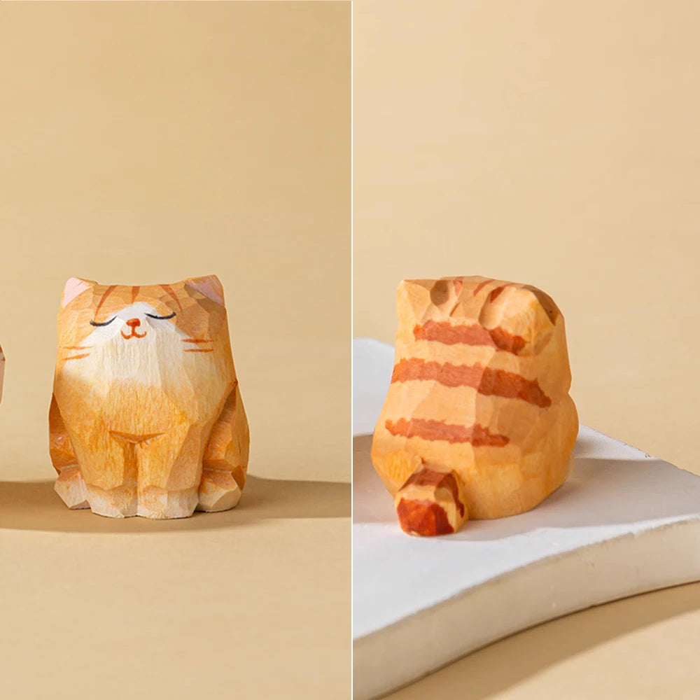 Handcrafted wood carving Home decorations desk accessories room decor Handmade Orange Tabby Cat Statue Hand-carved Cat