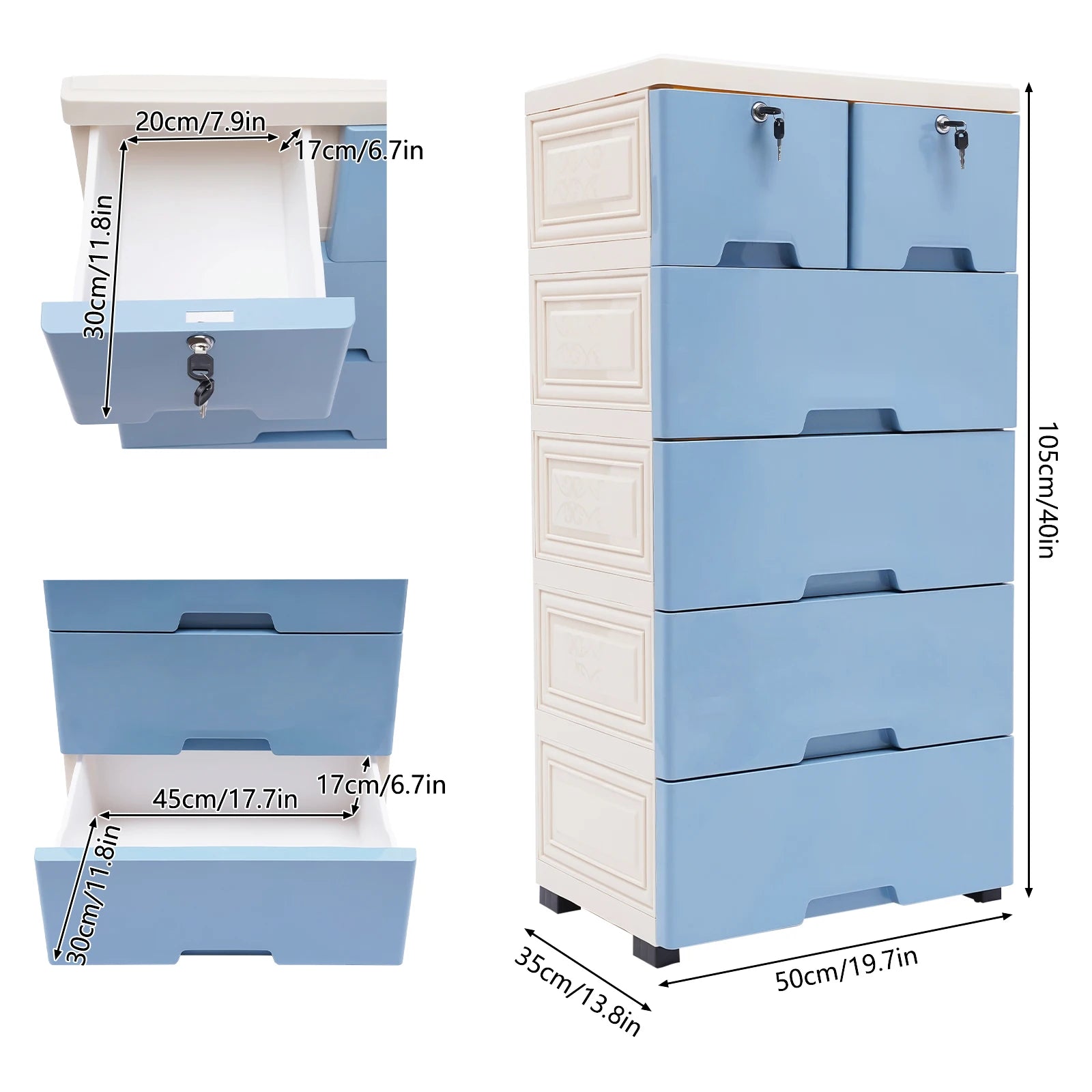 Drawer Cabinet Blue with 4 Wheels and 4 Keys PP Material Modern Simple Rectangle Storage Cabinet Organizer for Bedroom