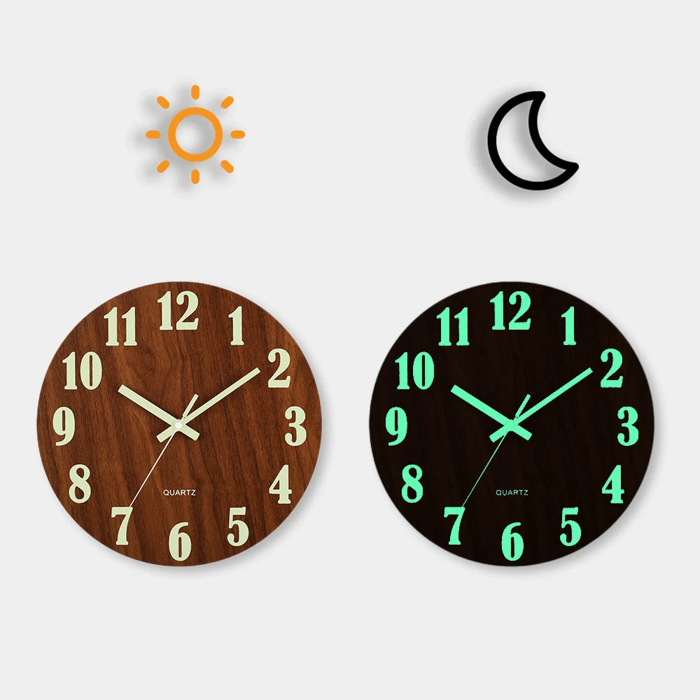 12 Inch Luminous Wall Clock Wood Silent light in dark night Nordic Fashion Wall Clock Non Ticking Clock With Night