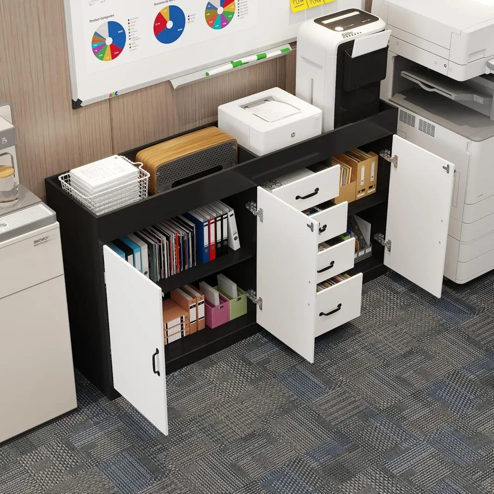 63’’ W Lateral File Cabinet with Lock Adjustable Shelves Top Compartment 4 Drawers & 3 Doors Wooden Filing Organization