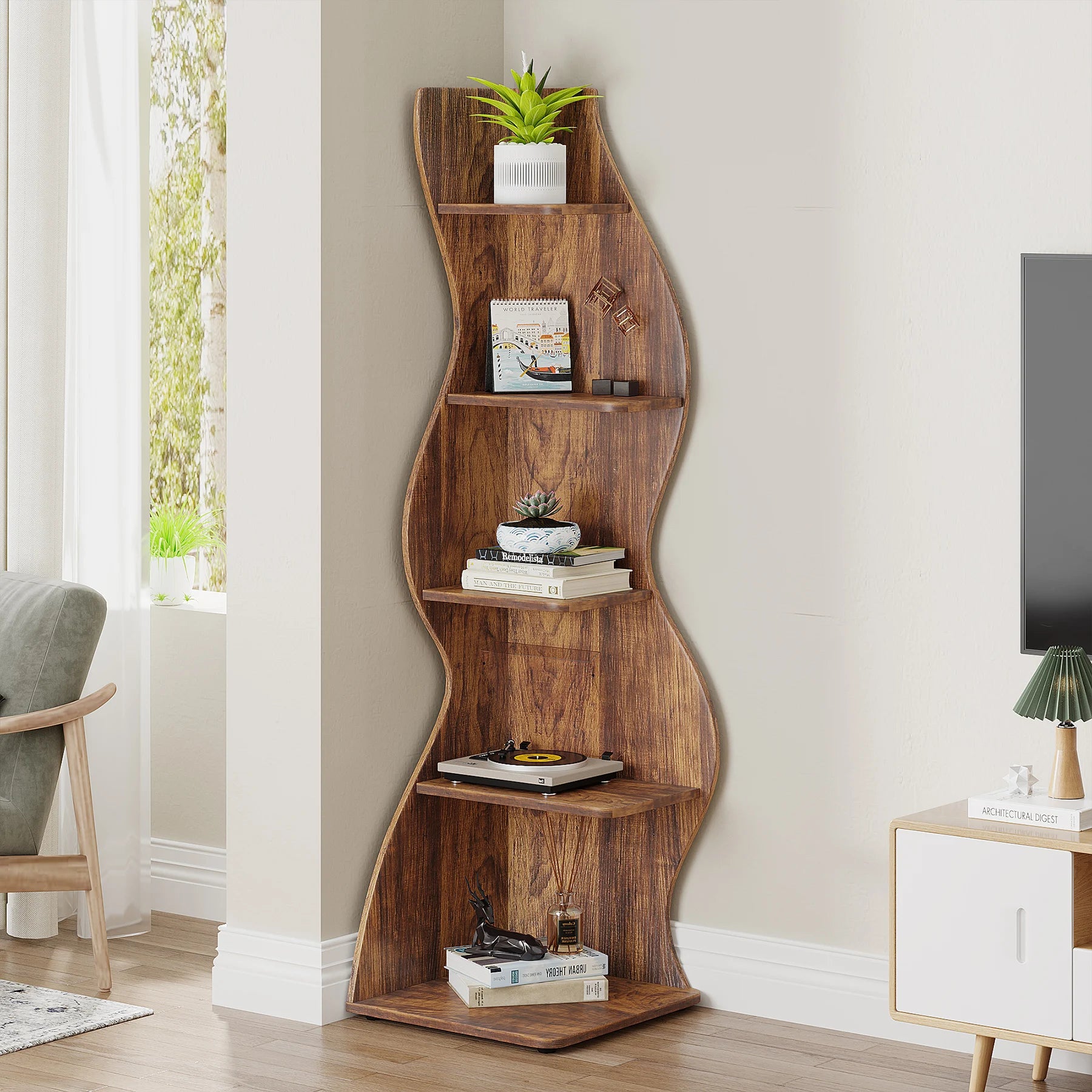 Tribesigns Corner Shelf Rustic 5-Tier Wall Corner Bookshelf Stylish Corner Small Bookcase Storage Rack Plant Stand