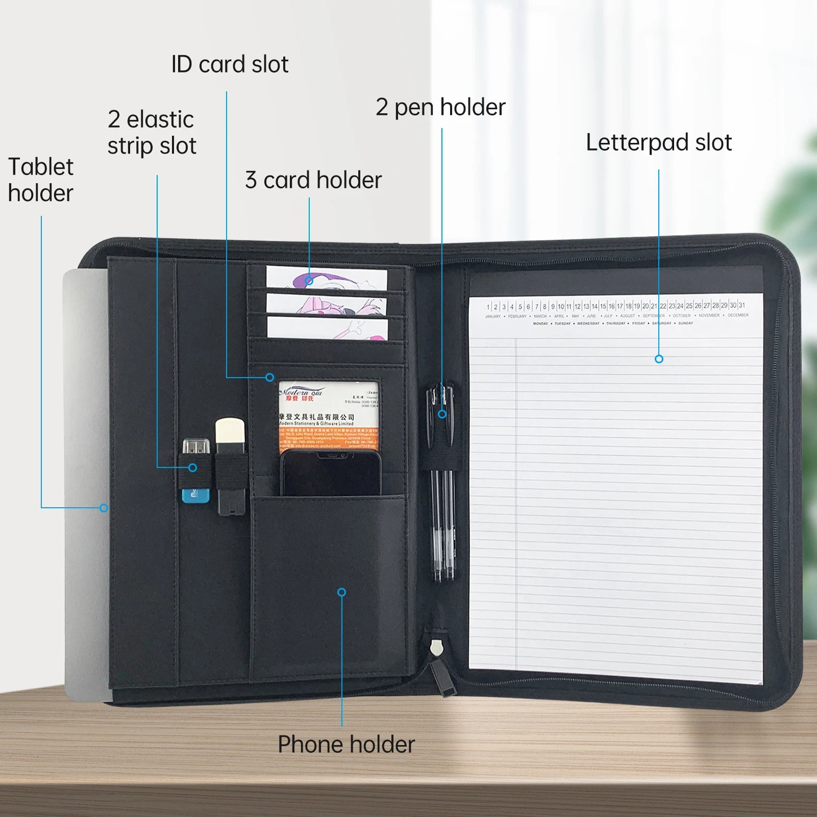 Bisofice Zippered Business Padfolio A4 PU Leather Portfolio Organizer for Interview Resume Document PlannerTablet