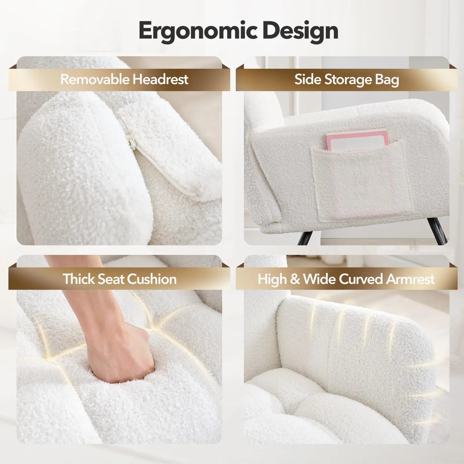 Nursery Rocking Chair Teddy Upholstered Glider Rocker Rocking Accent Chair Padded Seat with High Backrest Armchair