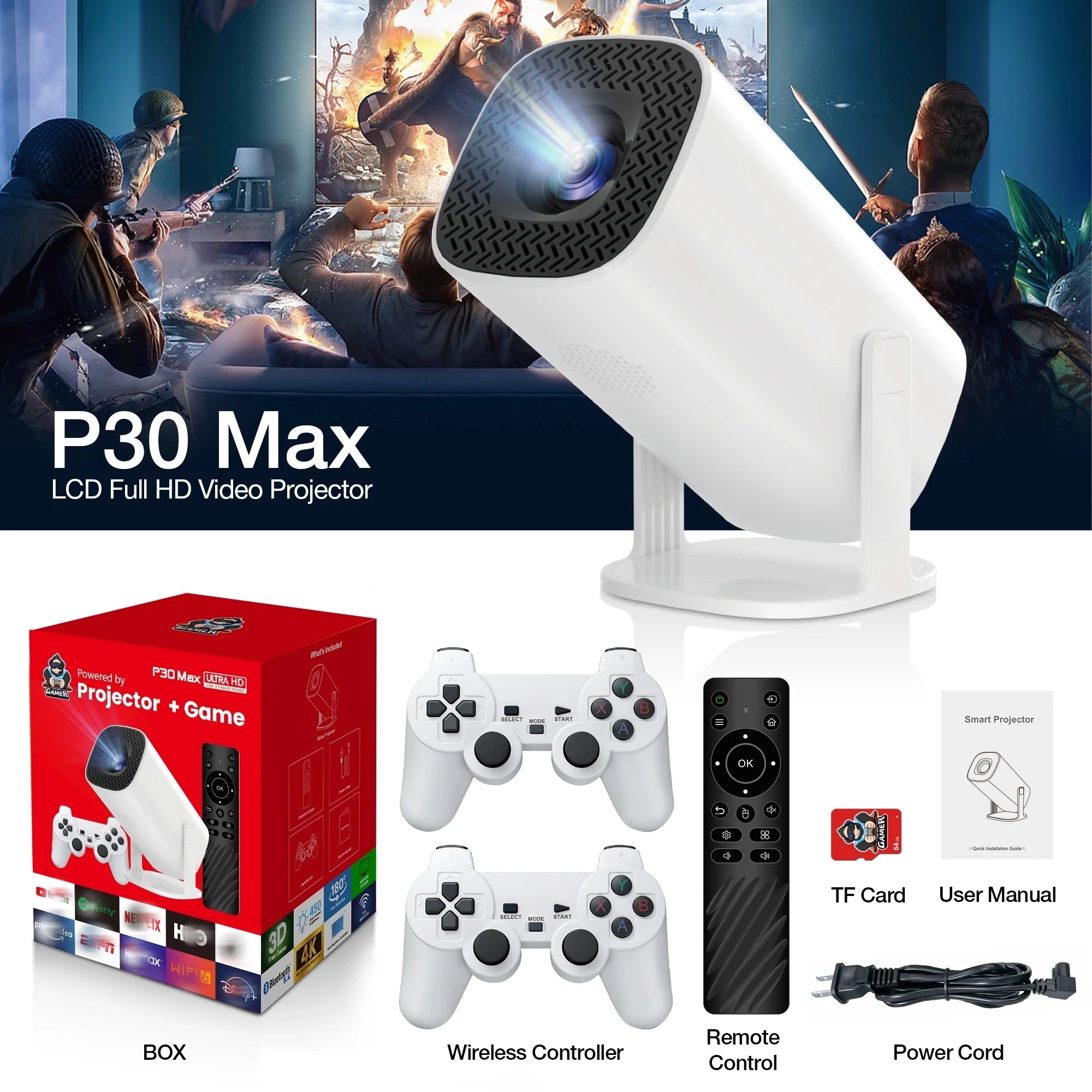 3D Game Projector P30MAX Retro Video Game Console Wireless Controller 4K ULTRA HD plug and play Android11 BT5.0 720P