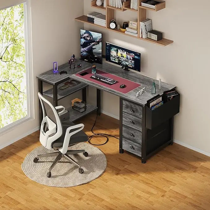 L Shaped Computer Desk with Drawers & Storage Shelves 55 Inch Corner Desk with Power Outlet for Home Office Bedroom