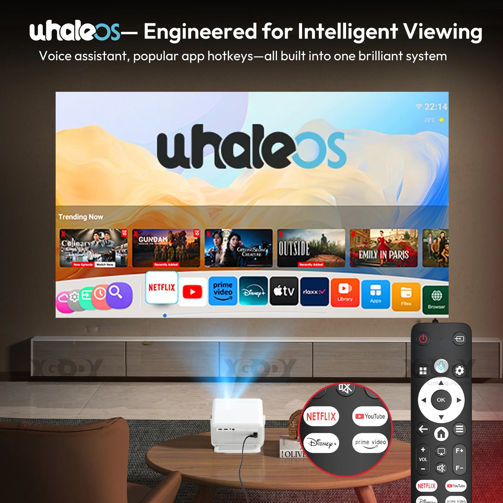 XGODY Projector N6 Pro Netflix Officially 4K Voice Control Smart Android TV Whale OS 32GB ROM for Outdoor Movie Home