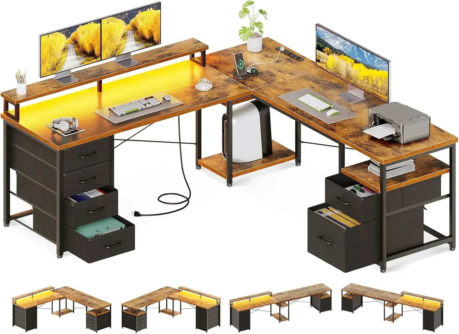 66’’ L Shaped Computer Desk 113“ Reversible Home Office Desk with File Cabinet & 4 Fabric Drawers Two Person Desk