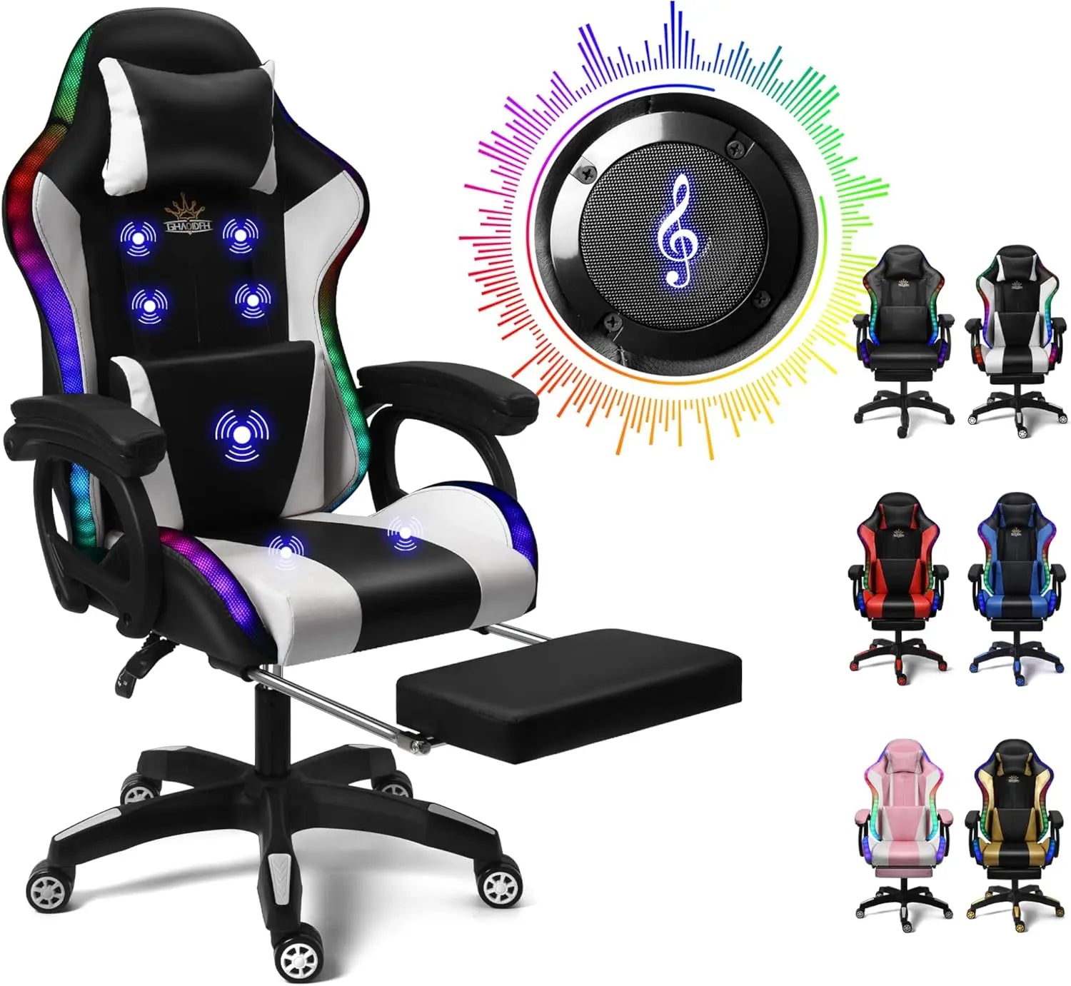 Gaming Chair with LED Lights and Speakers Ergonomic Pro Video Game Chair with Massage and Footrest for Adults Teens
