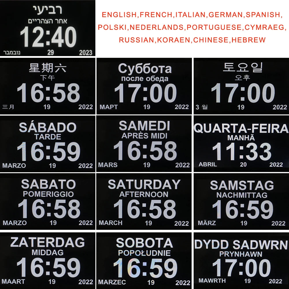 12 Alarms Digital LED Calendar Clock with Multi-Languages to display. Medicine Time Reminder for Elder.Home Desk Wall