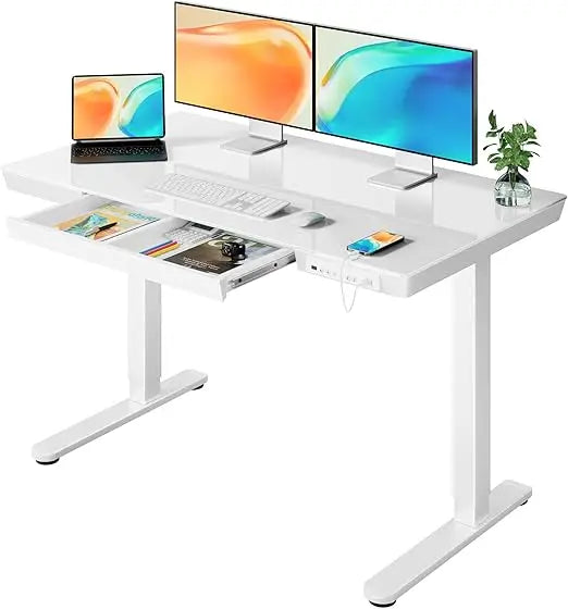 Electric Standing Desk with Drawers 48 x 24 Quick Install Glass Height Adjustable Desk with USB Charging Ports