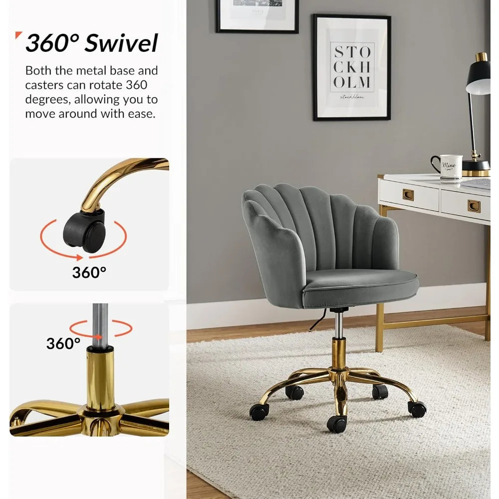 Velvet Home Office Desk Chair Modern Upholstered Swivel Computer Task Chair with Shell Back & Gold Base Height Adj