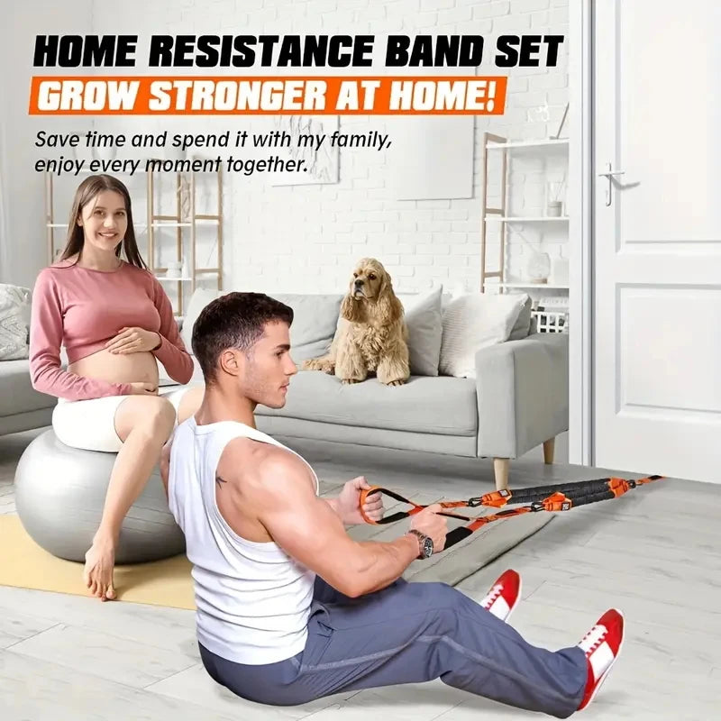 Home fitness equipment. A resistance band used for downward pressure and other exercises to shape your triceps