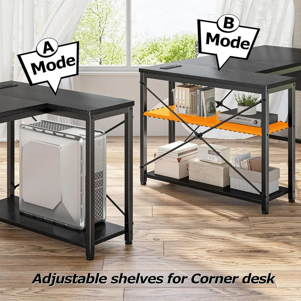 L-Shaped 48 Inch Gaming Desk with Storage Side Bag Power Outlets Ideal for Small Corner Office Spaces - Black / United