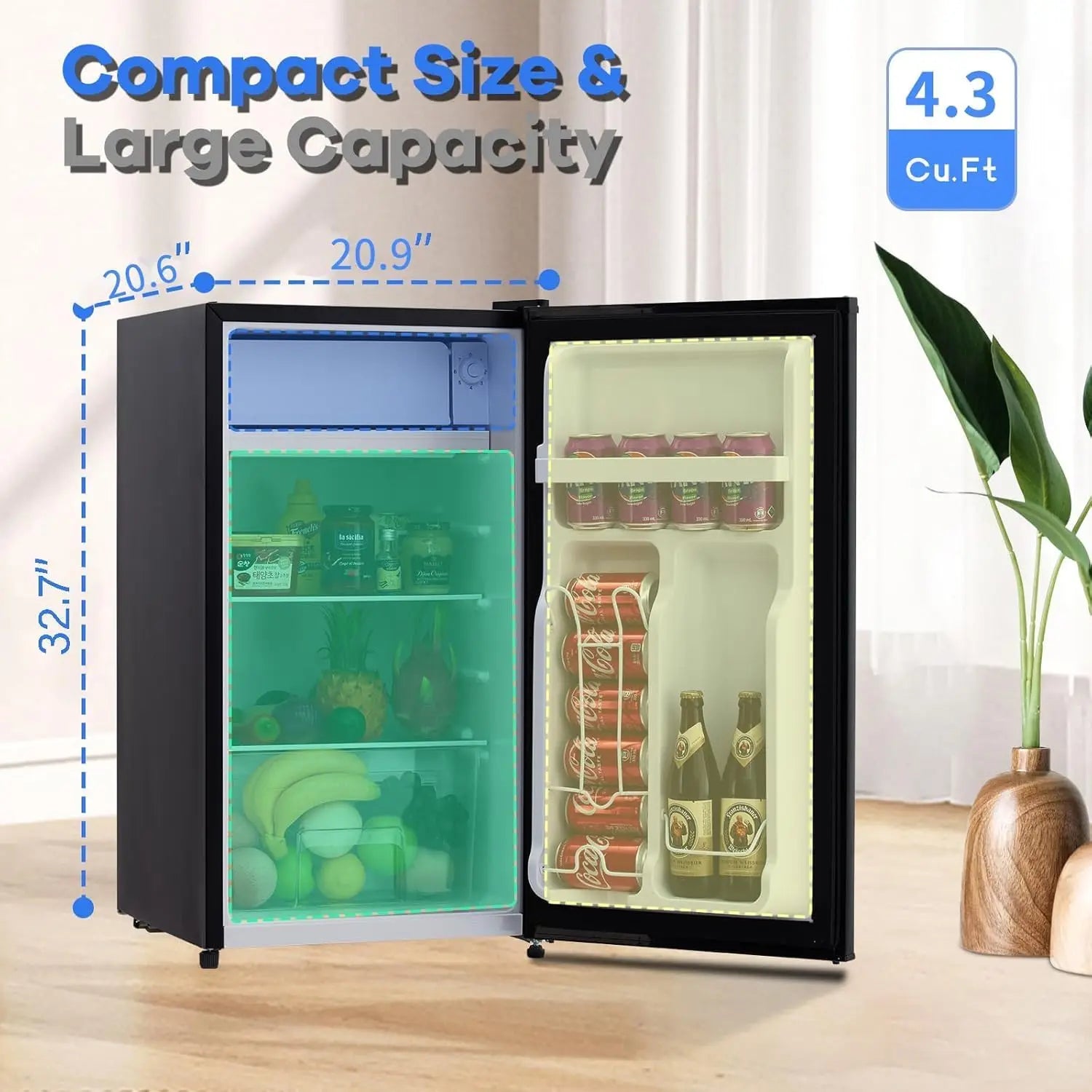 4.3 Cu.Ft Mini Fridge With Freezer Single Door Small Refrigerator 7 Settings Temperature Adjustable Low Noise For Home