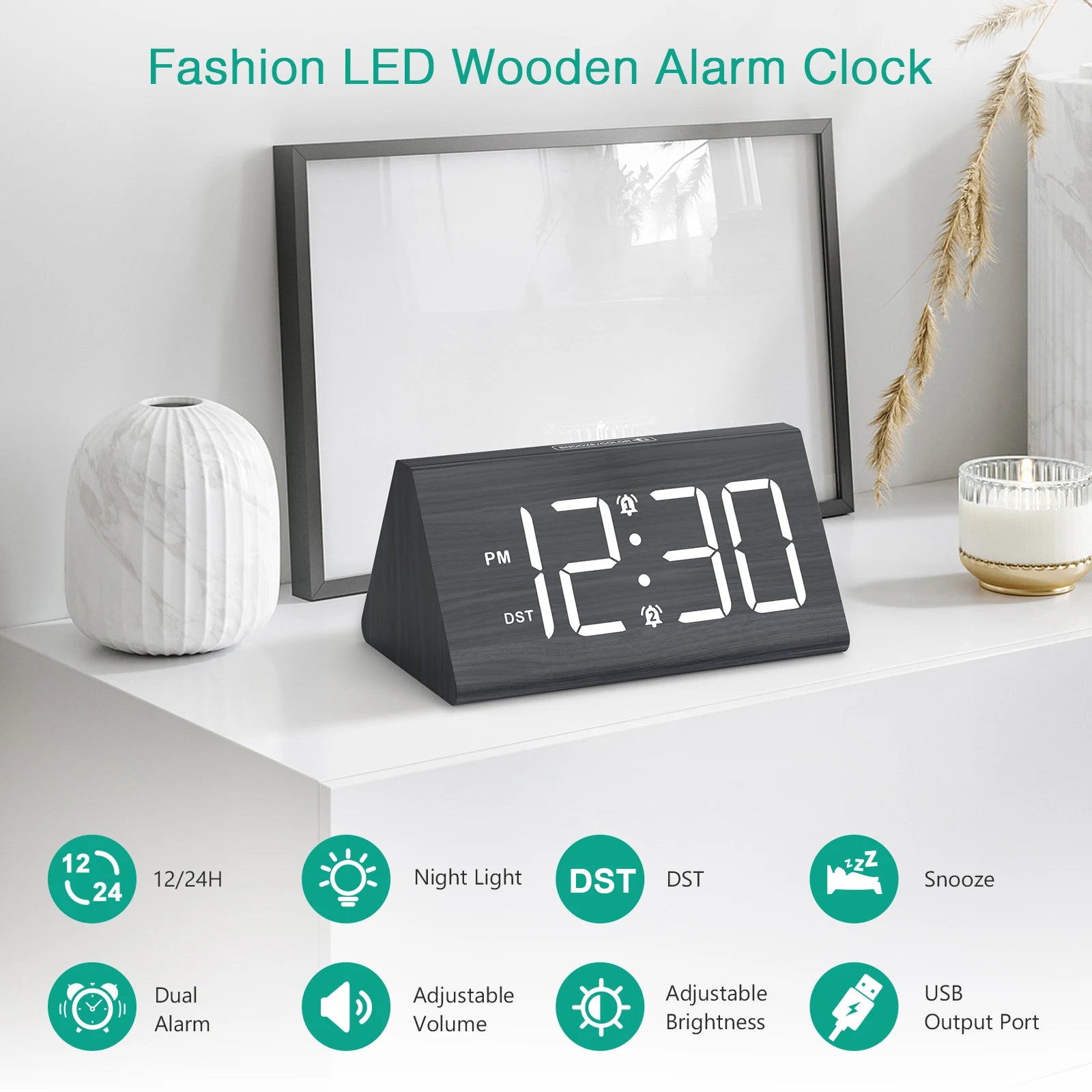 ORIA Wooden Alarm Clock Digital LED Clock Upgrade Desktop Alarm Clock with DST and Colorful Lighting for Bedroom Office
