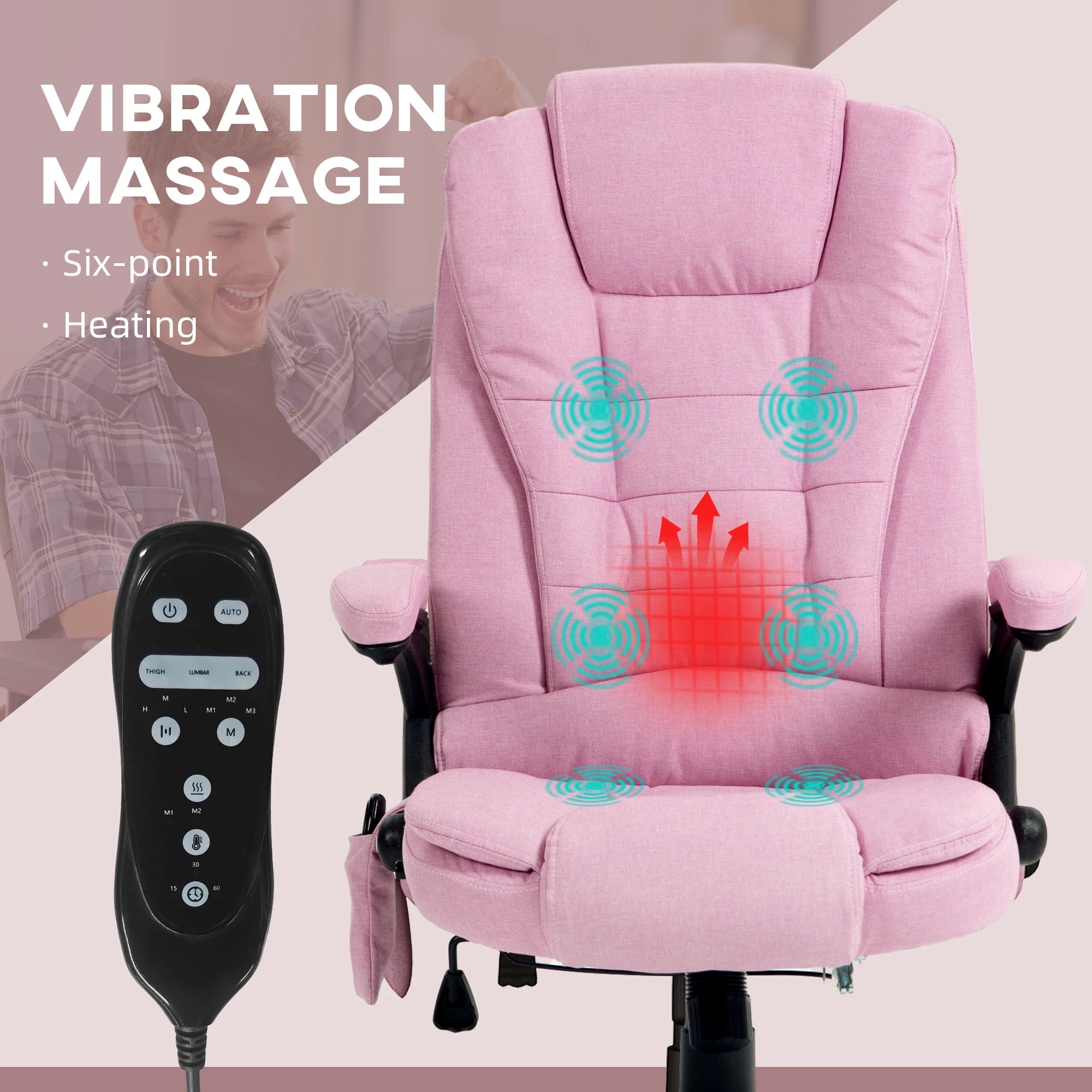 Massage Office Chair with 6 Points Heat Linen Executive Office Chair Pink - Pink / United States