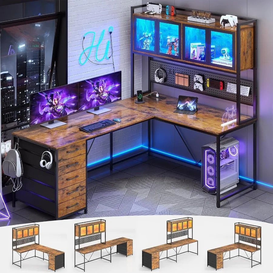 L Shaped Gaming Desk with Drawers and Storage Shelves for Home Office Corner Computer Desk with Hutch Pegboard Panel