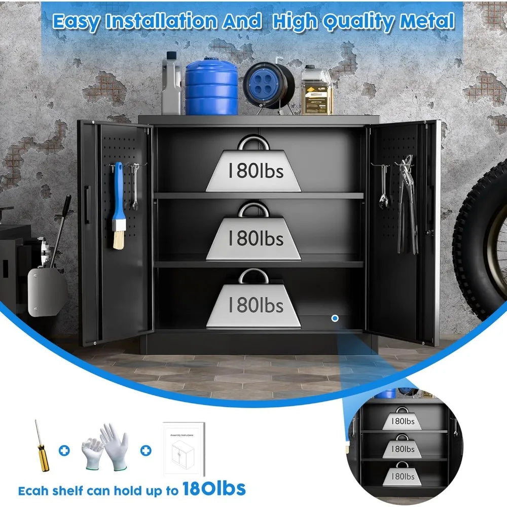 Metal Storage Cabinet Garage Storage Cabinet with 2 Lockable Doors and 2 Adjustable Shelves Steel File Cabinets
