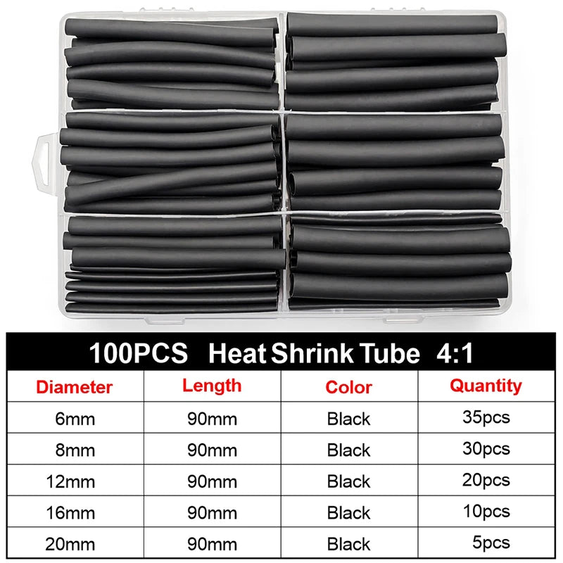 100pcs Heat Shrink Tube Kit 4:1 Flame Retardant Insulated Electrica Wire Wrap Multi-Size Assortment for Cable Repair