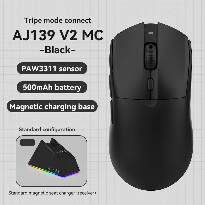 AJAZZ AJ139 V2 MC Wireless Mouse Three-Mode Gaming Office Professional Right-Hand Gaming Magnetic Stand Charger PAW3395