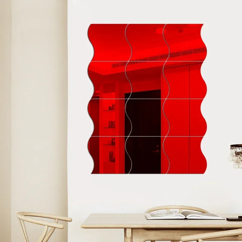 Modern Artistic Wall Panels Set - 3D Mirror Mosaic Stickers for Home/Office Interior Design (Wave Pattern) - Red / 6PCS