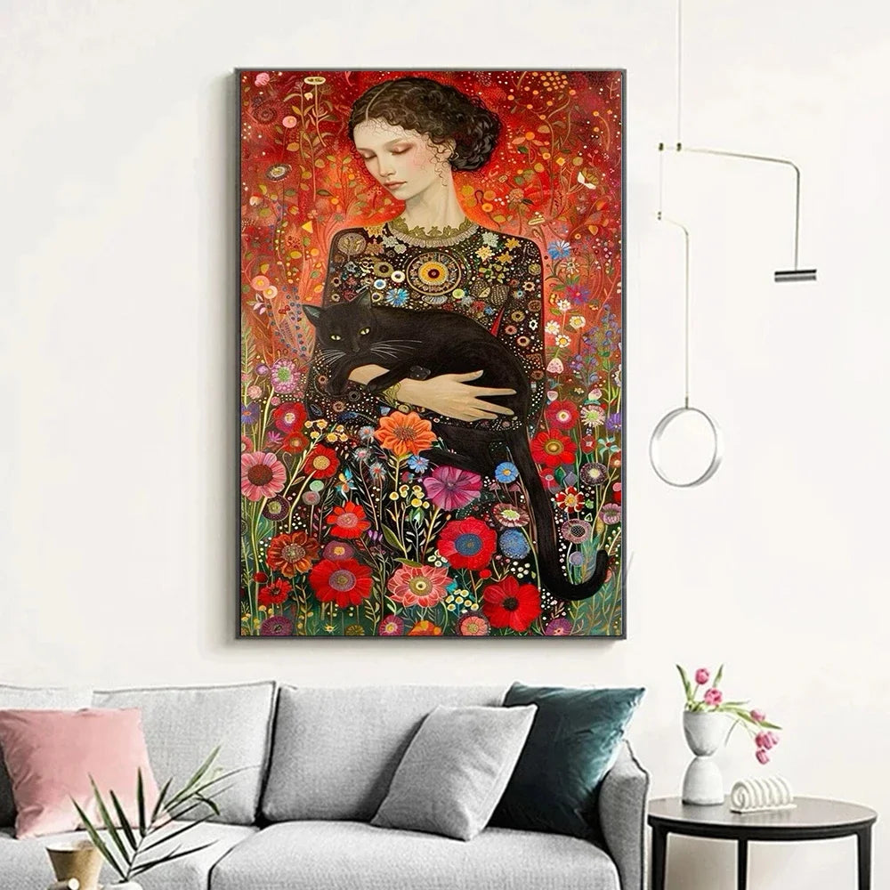 Abstract Woman And Cat Canvas Painting Wall Art Gustav Klimt Art Elegant Girl Poster Prints For Office Living Room Home