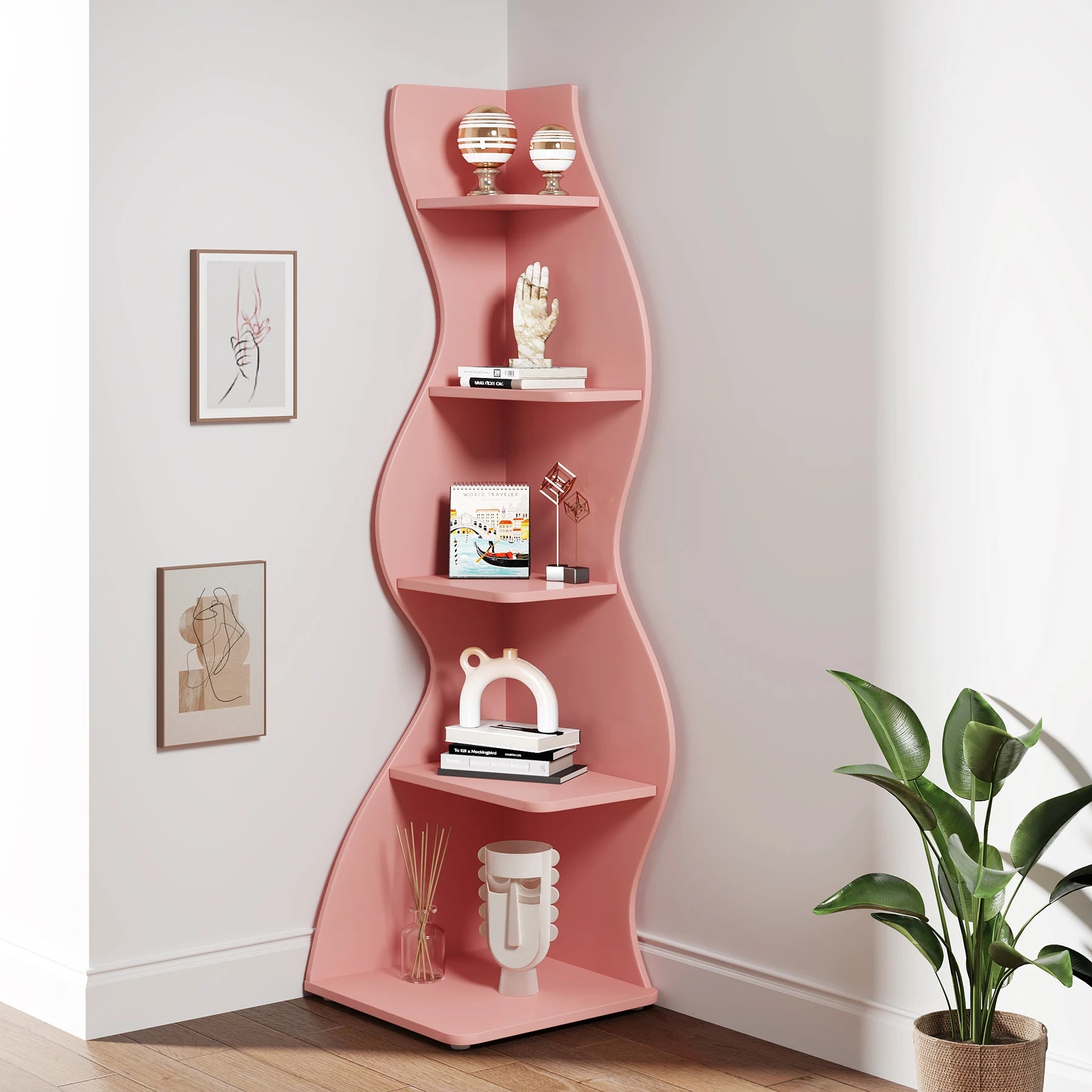 Tribesigns Corner Shelf Modern 5-Tier Wall Corner Bookshelf Stylish Corner Small Bookcase Storage Rack Plant Stand